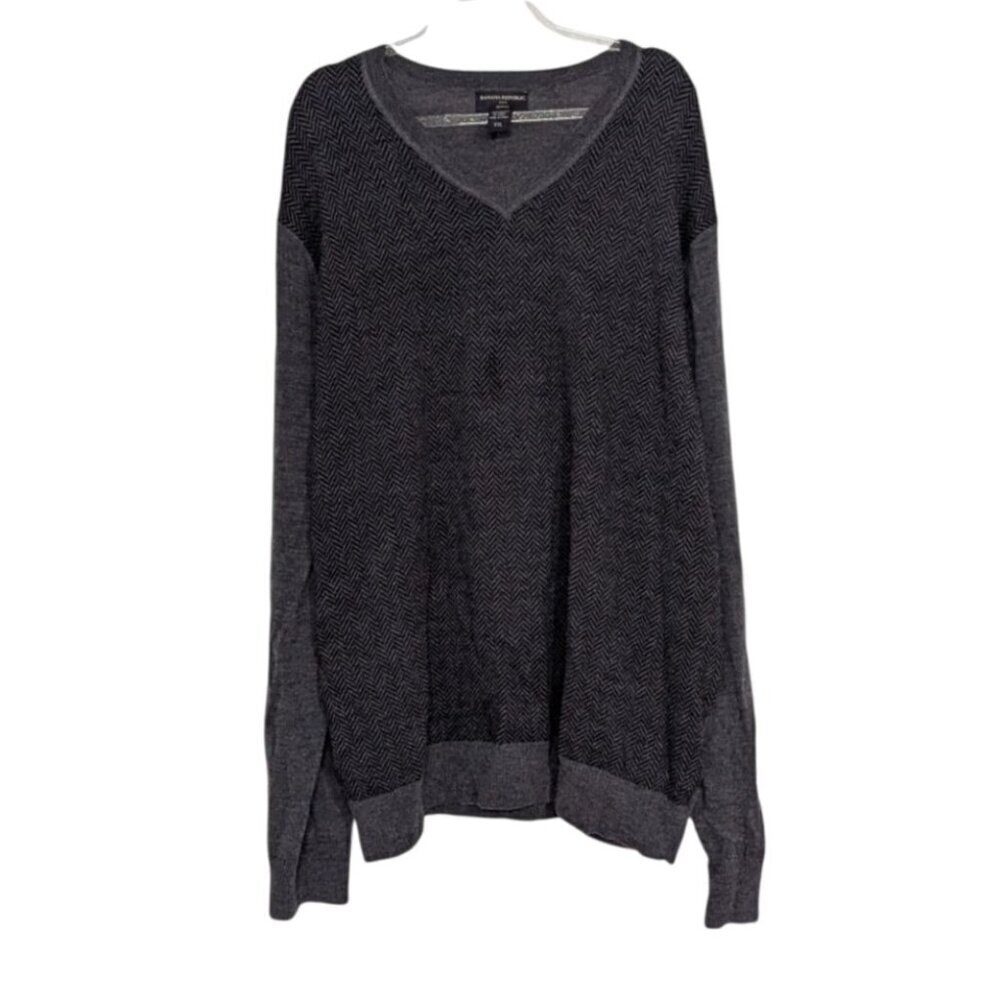 Banana Republic Merino Wool Herringbone Sweater Mens Size XXL Gray Knit V Neck